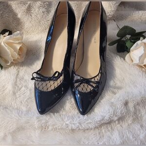 Audrey Brooke Black Patent Heels with Mesh Detail